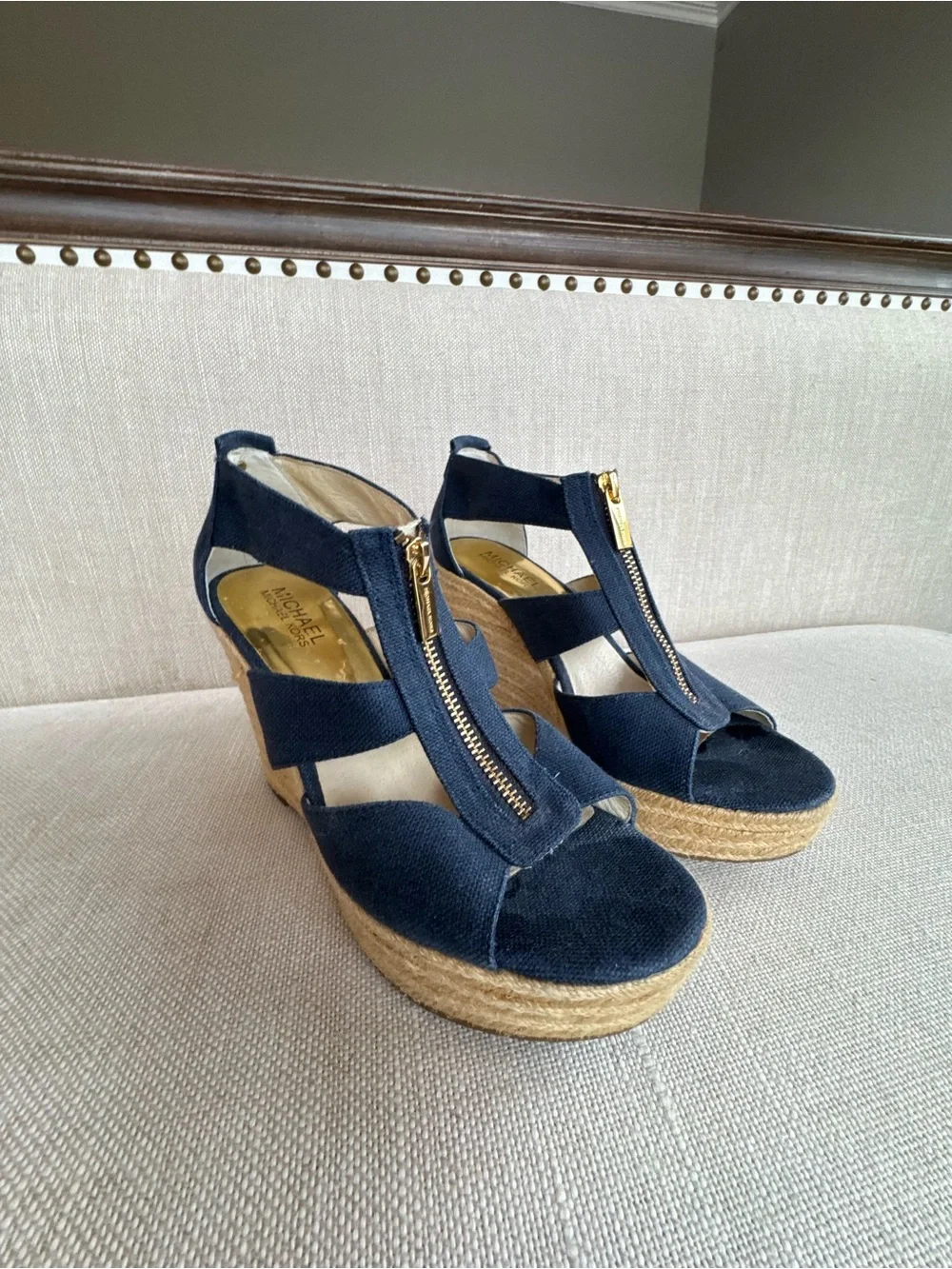 Michael Kors Navy Wedge Espadrille Sandals with Zip Accent